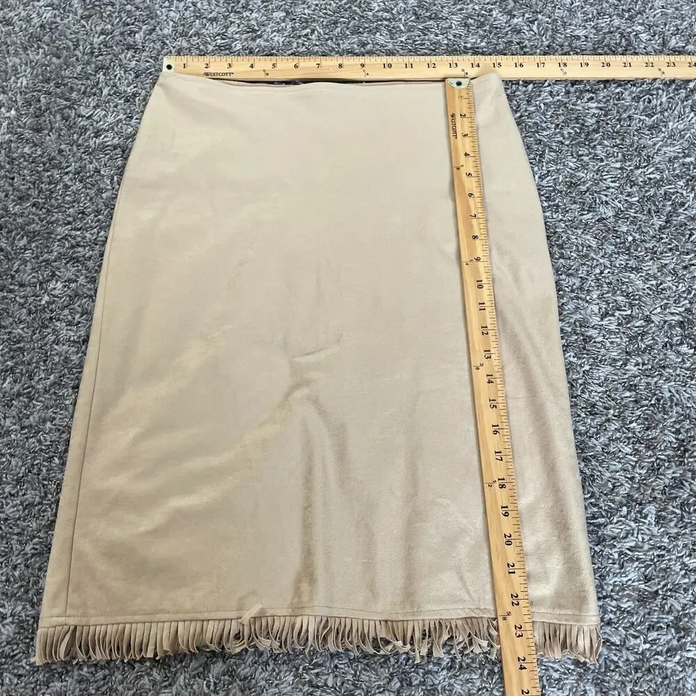 Vintage Pencil Skirt Large Tan Brown Faux Suede Fringe Boho Stretch Rodeo Y2K